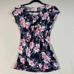 Candie's Y2K Baby Doll Top Jr Sz Large Black/Pink Floral‎ V-Neck Ruffle Romantic